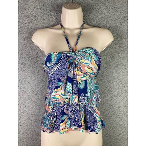 Kenneth Cole Swim Reaction Top Tankini Womens Size Small Ruffle Halter Blue - Picture 1 of 10